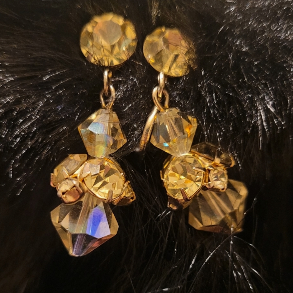 Gold AB Crystal Drop Clip On Earrings